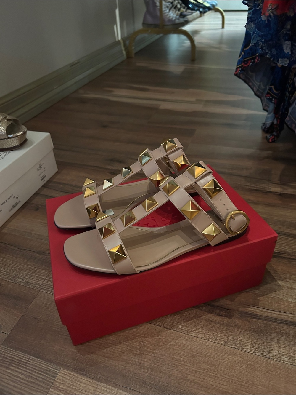 Valentino Garavani Pinkish Nude Rockstud Strap Sandals with Gold Studs - Picture 5 of 5